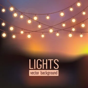 Set of glowing string lights on abstract evening sky background. Vector Stock Illustration