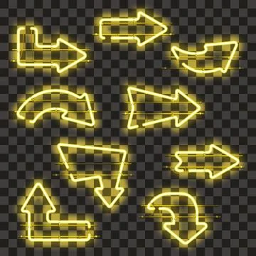 Set of glowing yellow neon arrows Stock Illustration