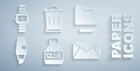 Set Glue, Document folder, Marker pen, Mail and e-mail, Trash can and Wrist Illustrazione stock