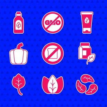 Set Gluten free grain, Leaf or leaves, Vegan milk, Bell pepper, Organic cos.. Stock Illustration