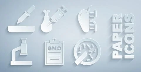 Set GMO, Genetically modified apple, Microscope, Petri dish with bacteria, Gmo Stock Illustration
