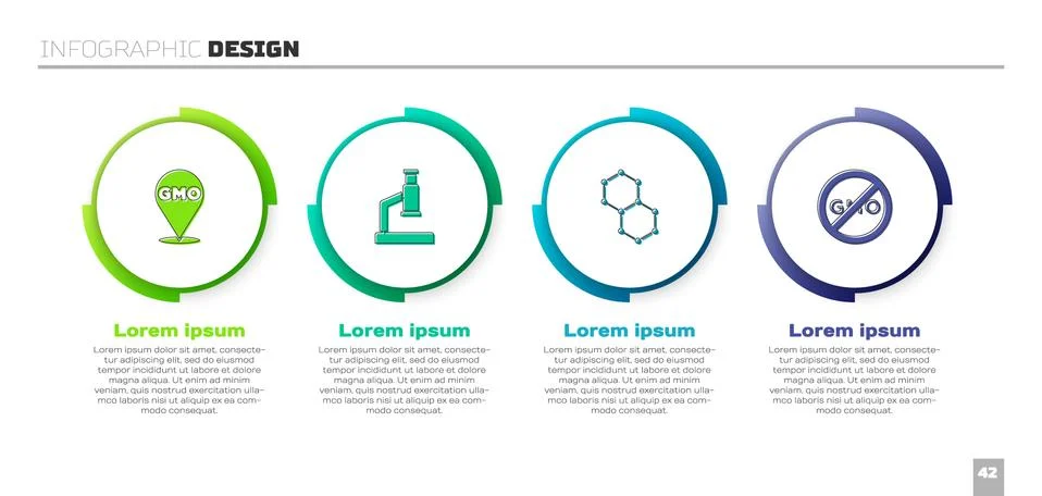 Set GMO, Microscope, Chemical formula and No. Business infographic template Stock Illustration