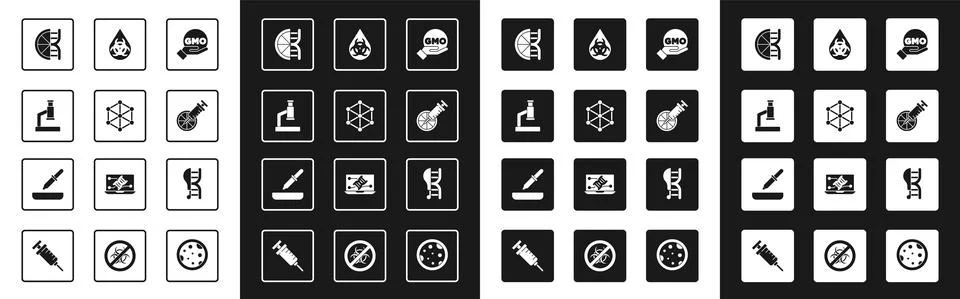 Set GMO, Microscope, Genetically modified orange, chicken and Pipette icon Stock Illustration