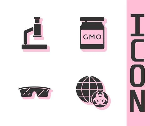 Set GMO, Microscope, Laboratory glasses and icon. Vector Stock Illustration