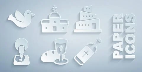 Set Goblet and bread, Babel tower bible story, Jesus Christ, Holy water bot.. Stock Illustration