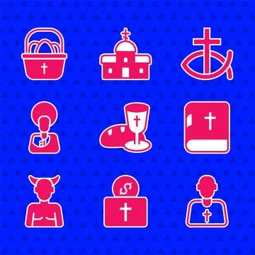 Set Goblet and bread, Donation for church, Priest, Holy bible book, Krampus.. Illustrazione stock