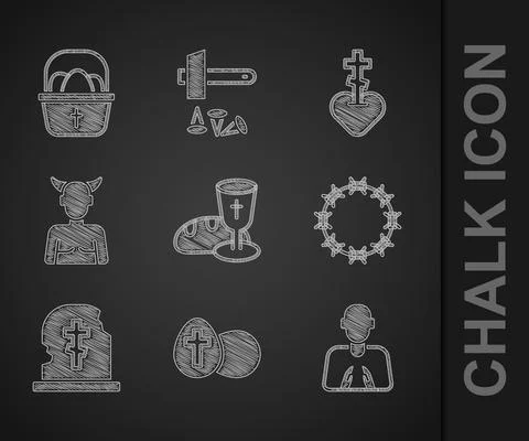 Set Goblet and bread, Easter egg, Hands in praying position, Crown of thorns Stock Illustration
