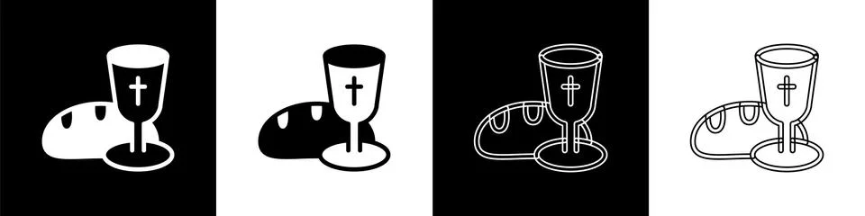 Set Goblet and bread icon isolated on black and white background. Bread and wine Illustrazione stock