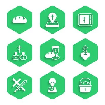 Set Goblet and bread, Jesus Christ, Basket with easter eggs, Religious cross in Stock Illustration