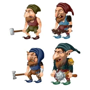 Set of goblins with a bludgeon, axe, hammer and club. Fantastic inhabitants of Stock Illustration
