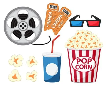 Set for going to the cinema on a white. Stock Illustration