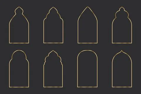 Set gold arch frame thin line border elegant deco divider, minimal arab window Illustrazione stock