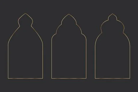Set gold arch frame thin line border elegant deco divider, minimal arab window Illustrazione stock