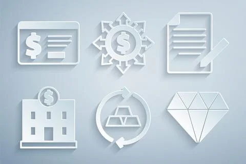 Set Gold bars, Document and pen, Bank building, Diamond, Dollar, share, network Ilustración de archivo
