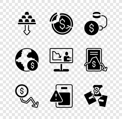 Set Gold bars, Dollar rate decrease, Debt ball chained to coin, Global economic Stock Illustration