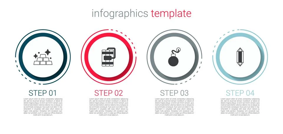 Set Gold bars, Dynamite, Bomb and Gem stone. Business infographic template Stock Illustration