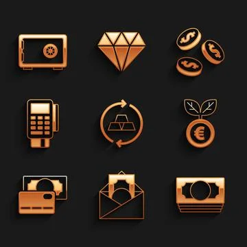 Set Gold bars, Envelope with dollar symbol, Stacks paper money cash, Euro plant Illustrazione stock