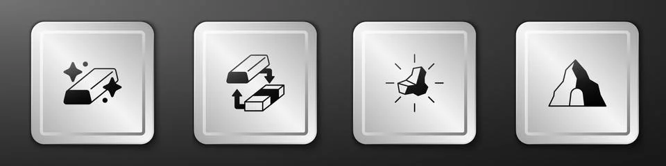 Set Gold bars, exchange money, nugget and mine icon. Silver square button Illustrazione stock