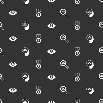 Set Gold bars, Eye with dollar and medal on seamless pattern. Vector Stock Illustration