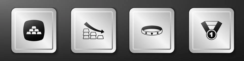Set Gold bars, Falling arrow with gold, ring and medal icon. Silver square .. Stock Illustration