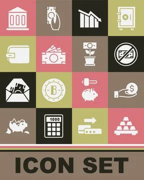 Set Gold bars, Hand giving money, No, Financial growth decrease, Stacks paper Stock Illustration