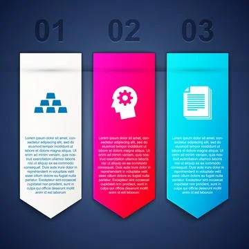 Set Gold bars, Human head with gear inside and Document. Business infographic 库存插图