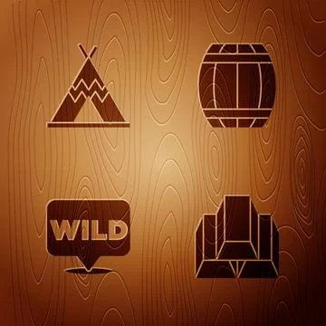 Set Gold bars, Indian teepee or wigwam, Pointer to wild west and Gun powder Stock Illustration