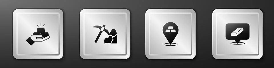 Set Gold bars, mining, and icon. Silver square button. Vector Stock Illustration