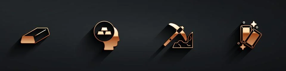 Set Gold bars, mining and  icon with long shadow. Vector Stock Illustration