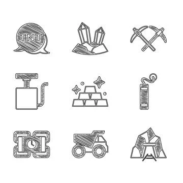 Set Gold bars, Mining dump truck, Mine entrance, Dynamite, Handle detonator Stock Illustration