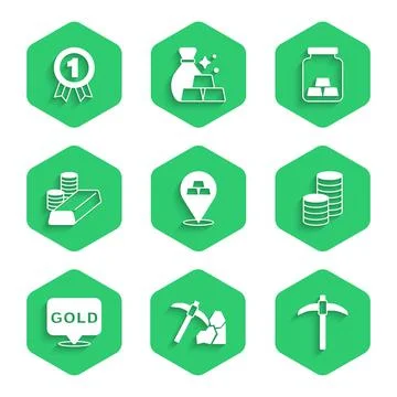 Set Gold bars, mining, Pickaxe, coin money, with gold, and Medal icon. Vector Illustrazione stock
