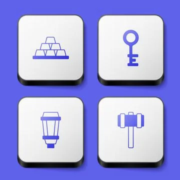 Set Gold bars, Old key, Garden light lamp and Sledgehammer icon. White square Illustration