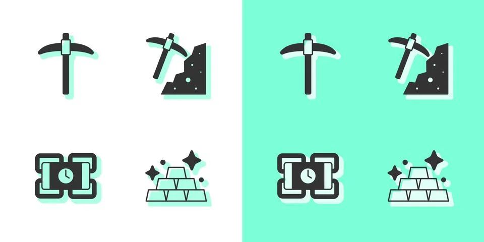 Set Gold bars, Pickaxe, Dynamite and icon. Vector Stock Illustration