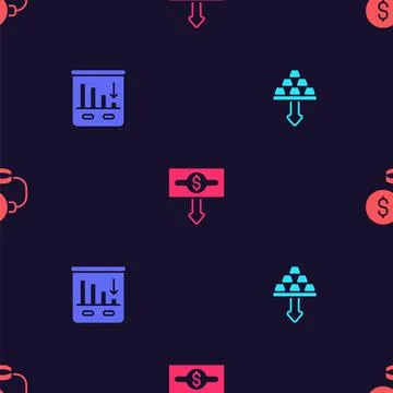 Set Gold bars, Pie chart infographic, Dollar rate decrease and Debt ball chained Stock Illustration