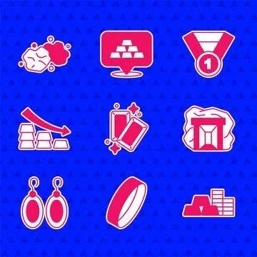 Set Gold bars, ring, coin with gold, mine, Earrings, Falling arrow, medal a.. Ilustração Stock