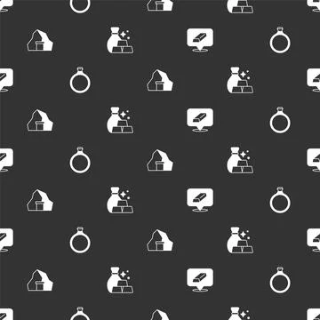 Set Gold bars, ring, mine and Bag of gold on seamless pattern. Vector Stock Illustration