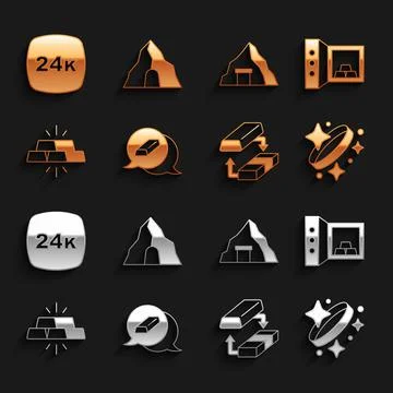 Set Gold bars, Safe with gold, ring, exchange money, mine, 24k and icon. Vector Ilustração Stock