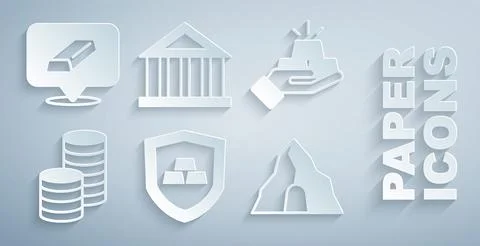 Set Gold bars with shield, coin money, mine, Bank building and icon. Vector Ilustración de archivo