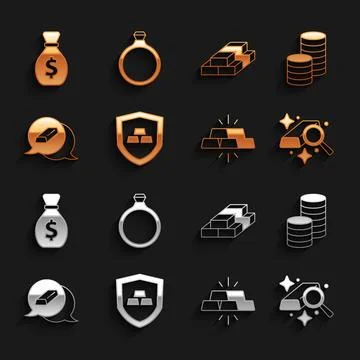 Set Gold bars with shield, coin money, Stacks paper cash, Old bag and ring icon Stock Illustration