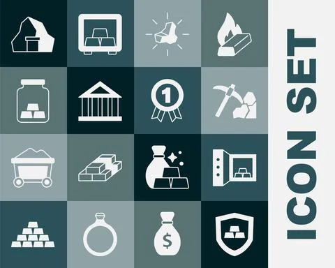 Set Gold bars with shield, Safe gold, mining, nugget, Bank building, mine and Ilustración de archivo