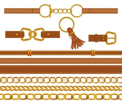 Set of gold chains and brown leather belts. Stock Illustration