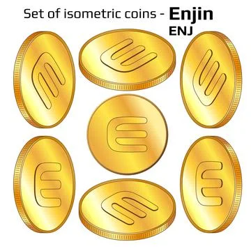 Set of gold coins Enjin ENJ in isometric view isolated on white. Stock Illustration