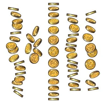 Set of gold coins falling in different perspective, angles, directions in sketch Stock Illustration