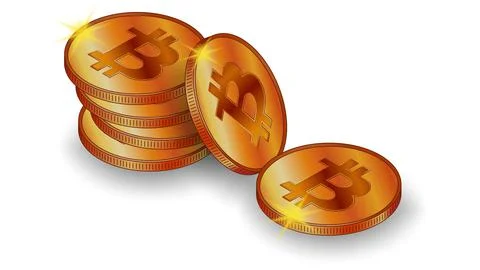Set of gold coins in stack Bitcoin BTC with shadow in isometric view isolated Stock Illustration
