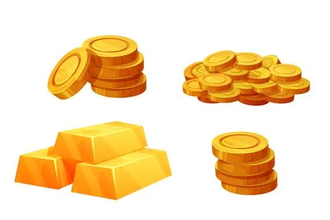 Set gold coins, stack of golden bricks, shiny treasure in cartoon style game Illustrazione stock