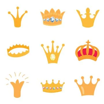 Set of gold crown icons. Vector isolated elements for logo, label, game, hotel Stock Illustration