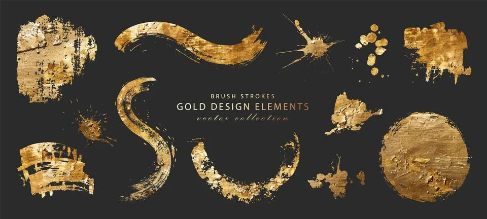 Set of gold design elements. Brush strokes, frames, splatters isolated on black Stock Illustration
