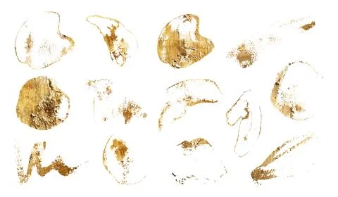 Set of gold design elements. Brush strokes, frames, splatters isolated on white Stock Illustration