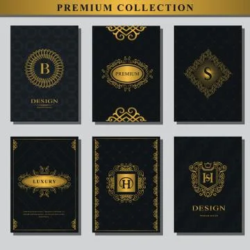 Set of gold emblems. Collection of design elements, labels, icon, frames  Stock Illustration