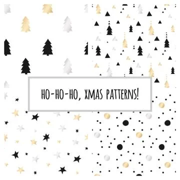 Set of gold foil seamless patterns with Christmas trees and stars for Christmas Stock Illustration
